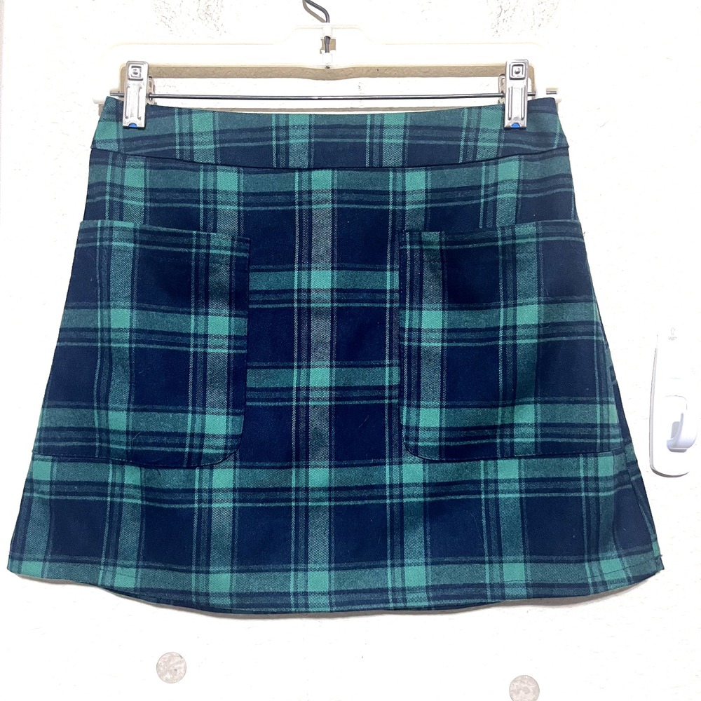 Seek The Label Green Navy Plaid Micro Mini Skirt A-Line Front Pockets XS